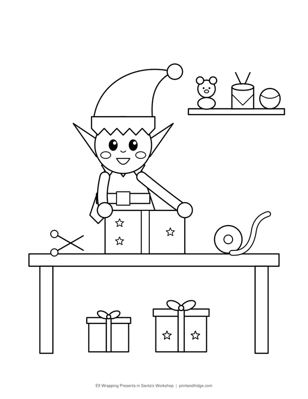 Elf Wrapping Presents in Santa's Workshop coloring page