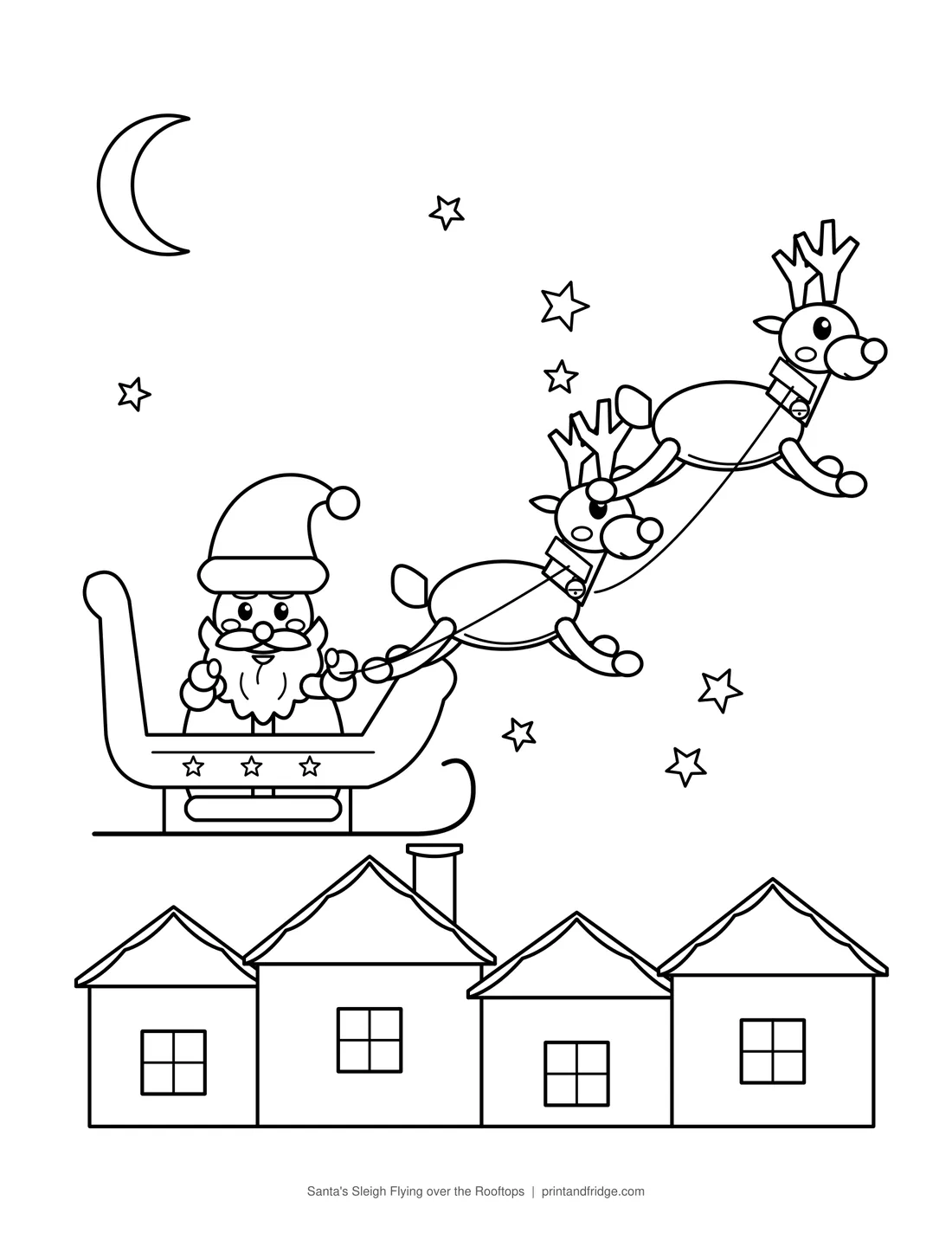 Santa's Sleigh Flying over the Rooftops printable coloring page