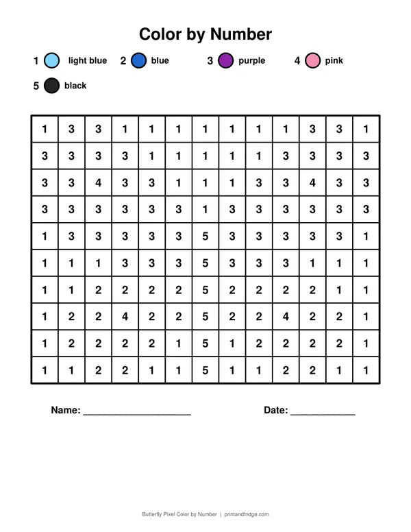 Butterfly Pixel Color by Number printable coloring page