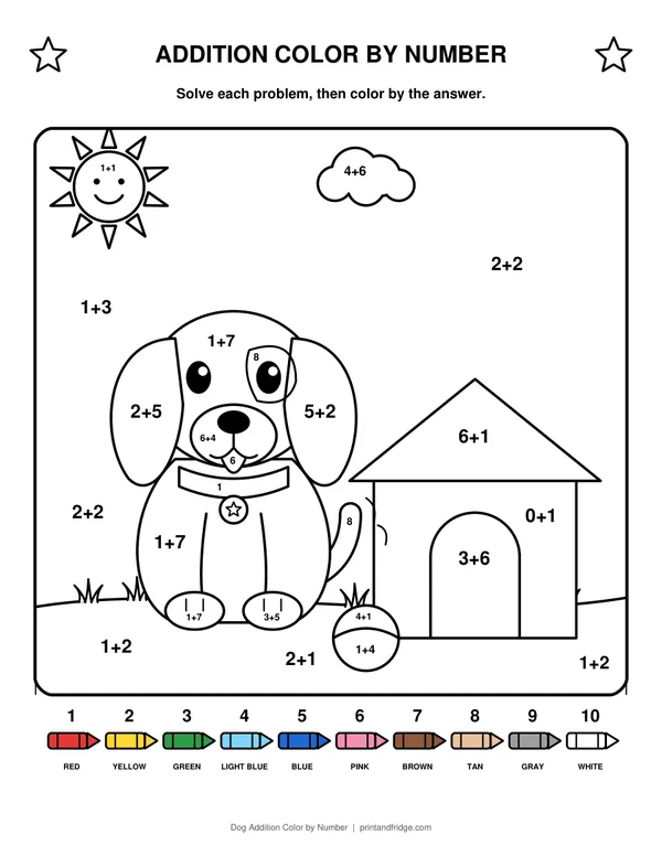 Dog Addition Color by Number printable coloring page