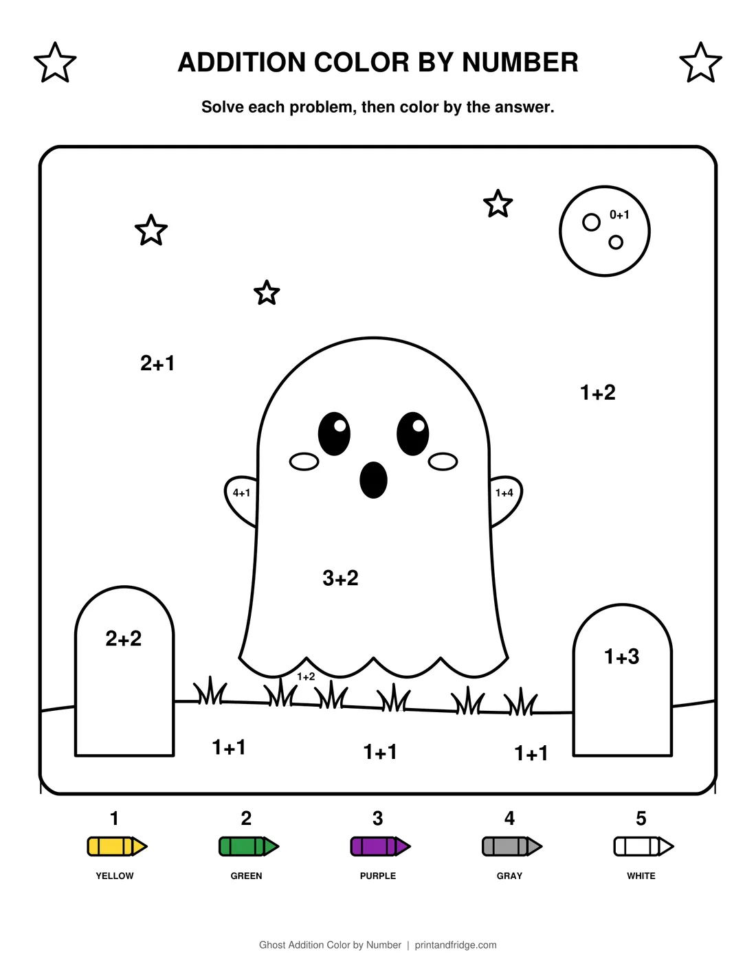 Ghost Addition Color by Number printable coloring page