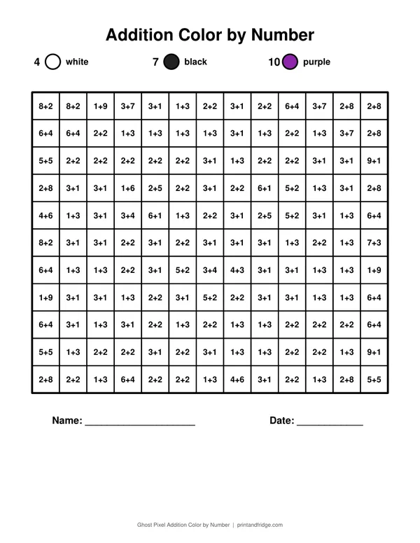 Ghost Pixel Addition Color by Number printable coloring page