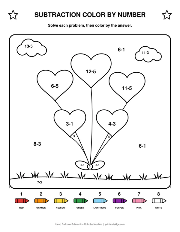 Heart Balloons Subtraction Color by Number printable coloring page