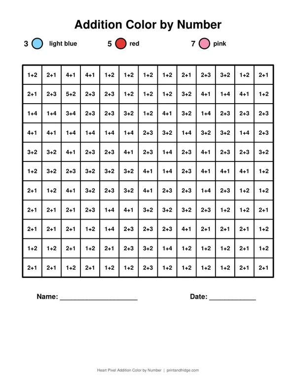 Heart Pixel Addition Color by Number printable coloring page