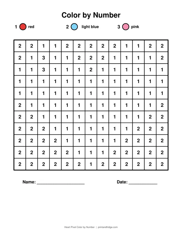 Heart Pixel Color by Number printable coloring page