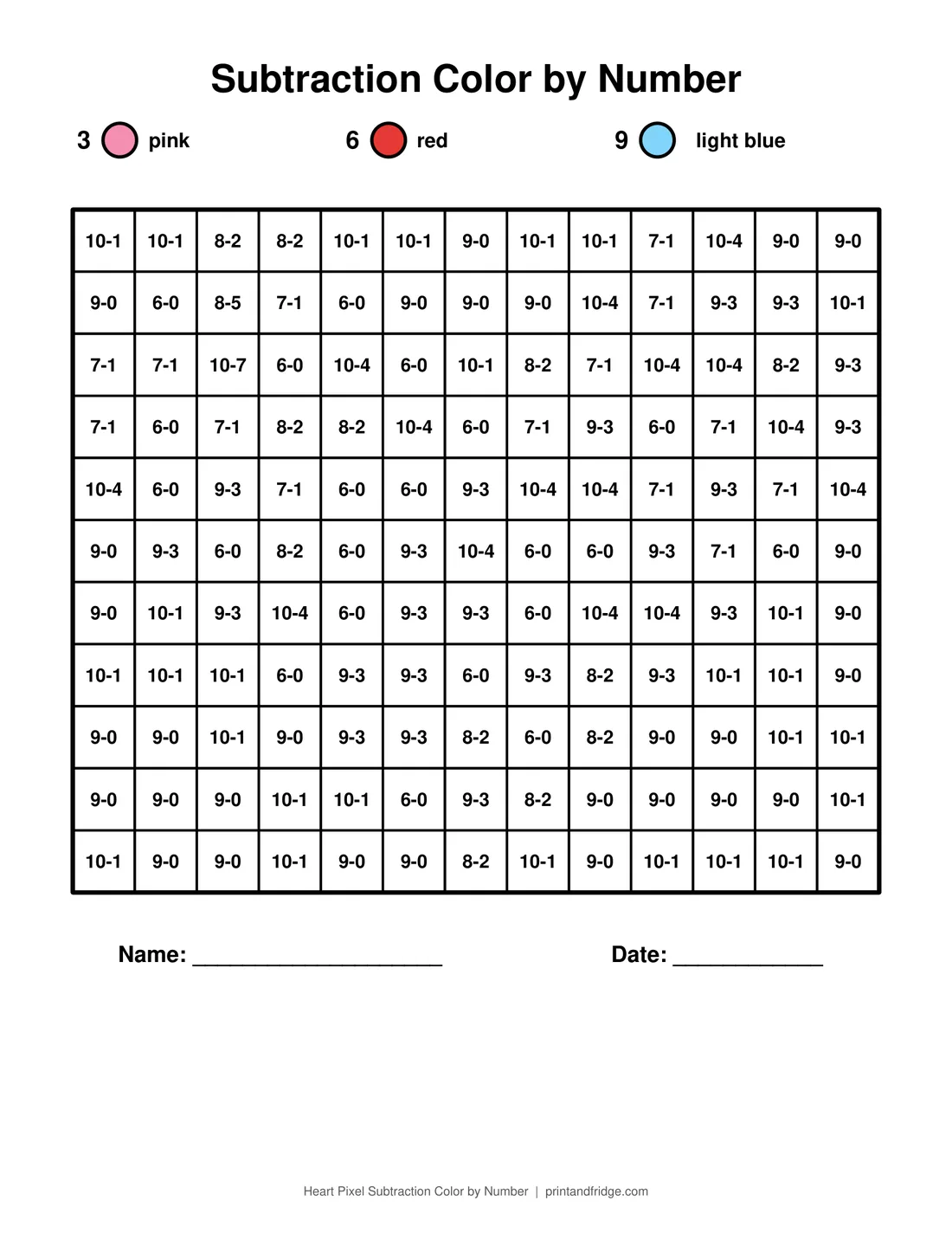 Heart Pixel Subtraction Color by Number printable coloring page