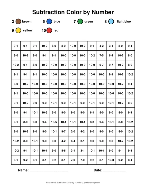 House Pixel Subtraction Color by Number printable coloring page