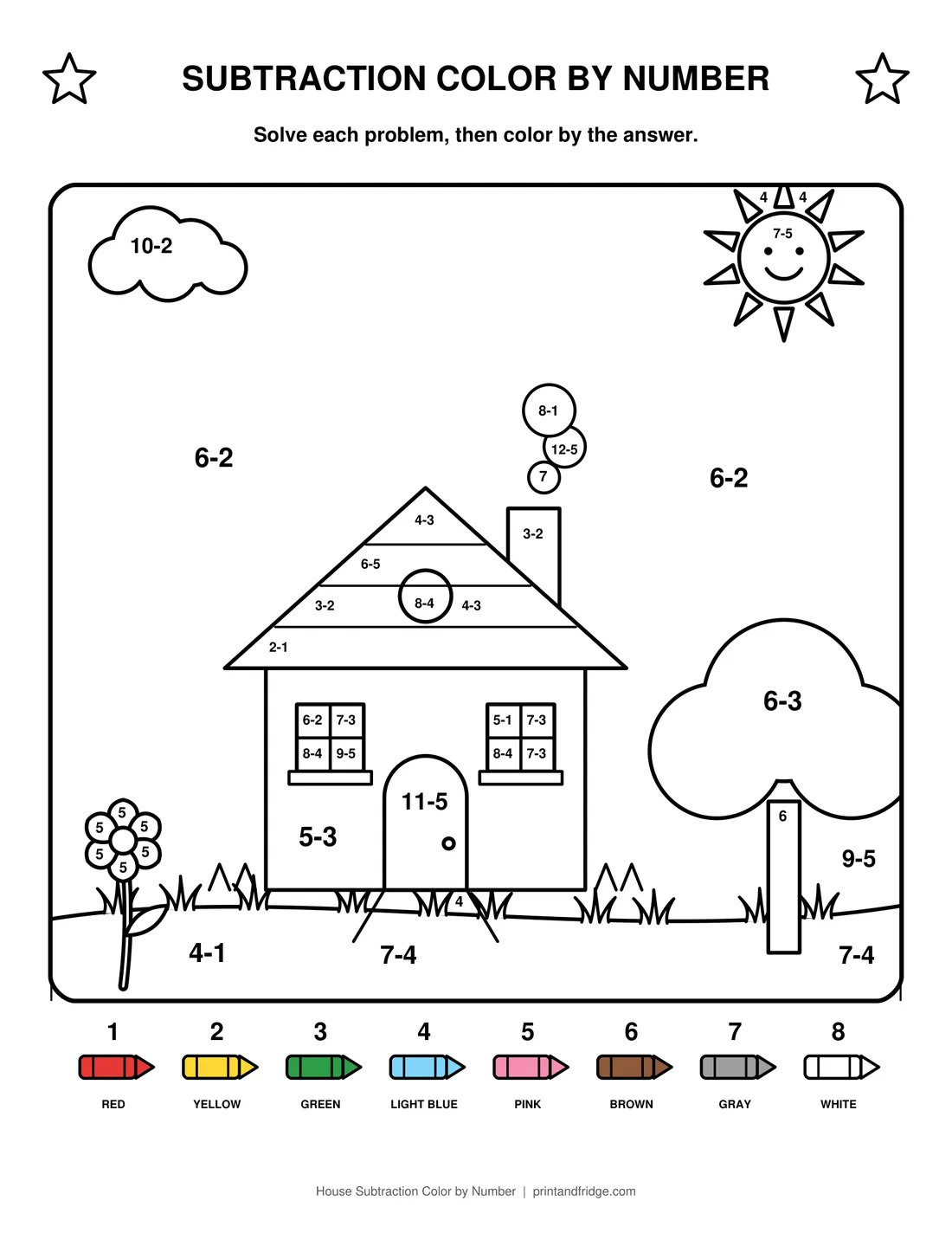 House Subtraction Color by Number printable coloring page