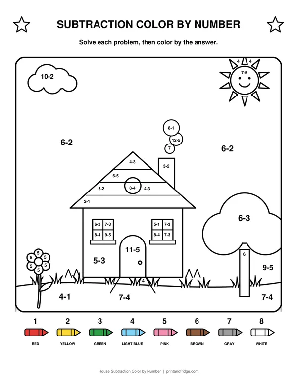 House Subtraction Color by Number printable coloring page