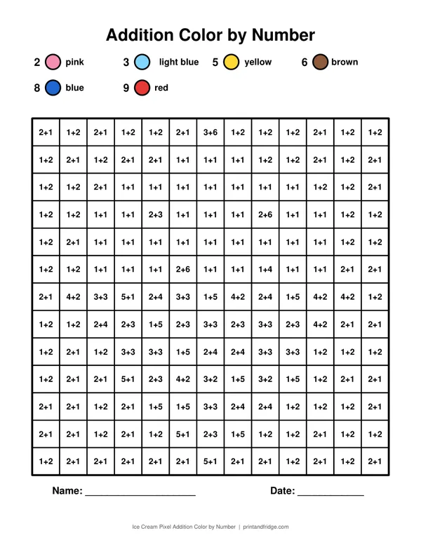 Ice Cream Pixel Addition Color by Number printable coloring page