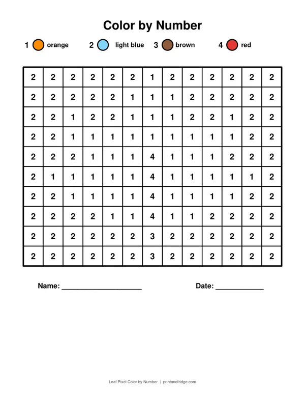 Leaf Pixel Color by Number printable coloring page