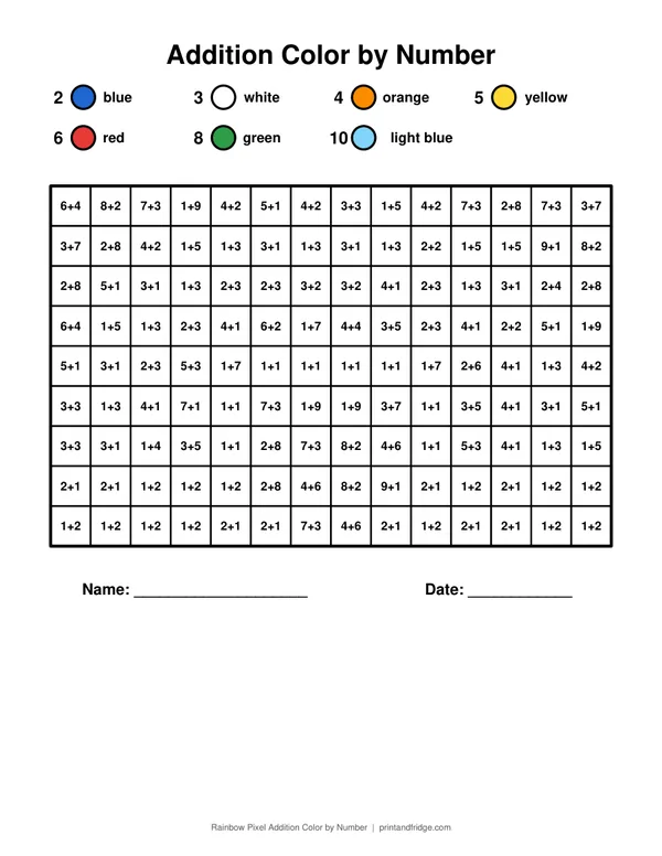Rainbow Pixel Addition Color by Number printable coloring page