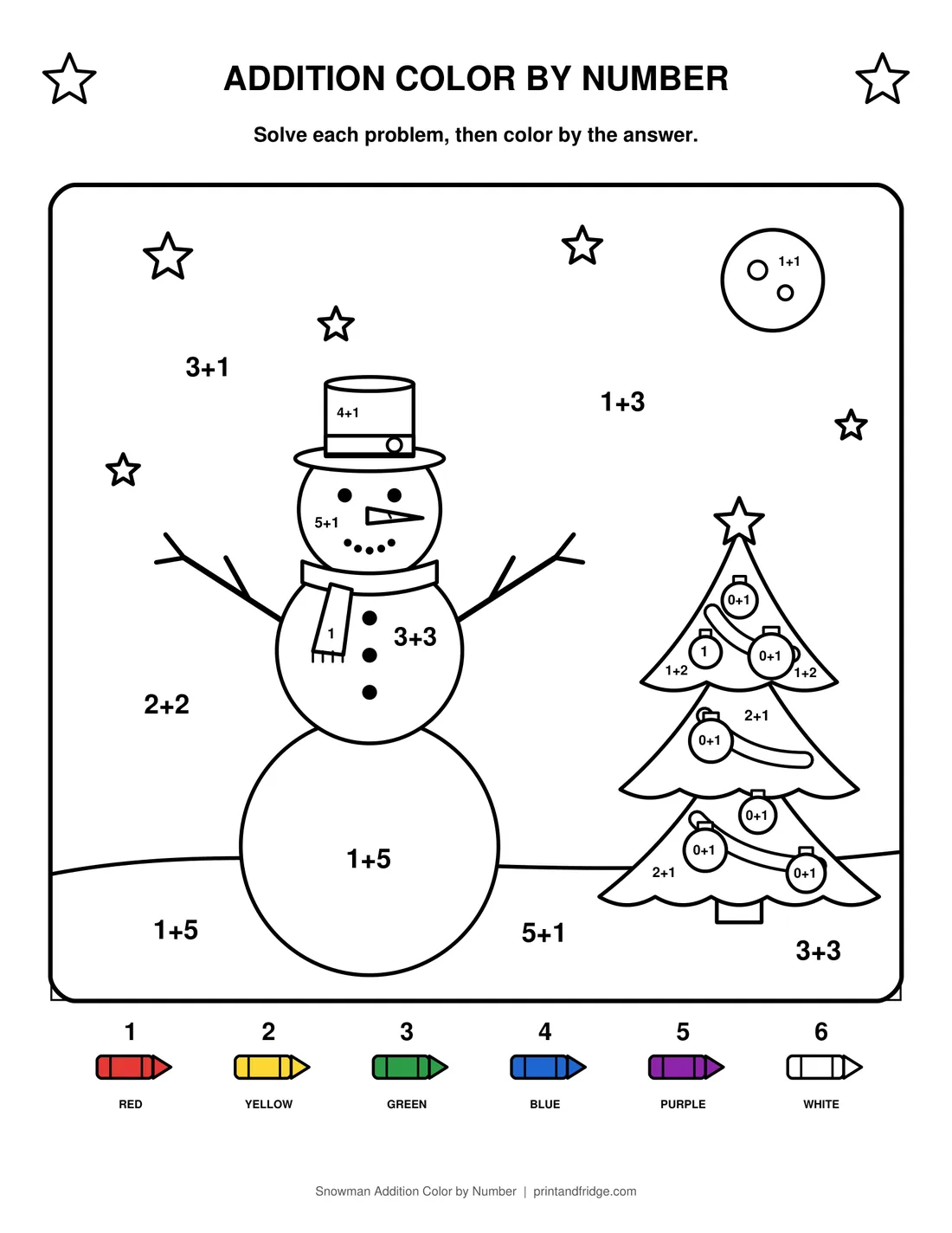 Snowman Addition Color by Number printable coloring page