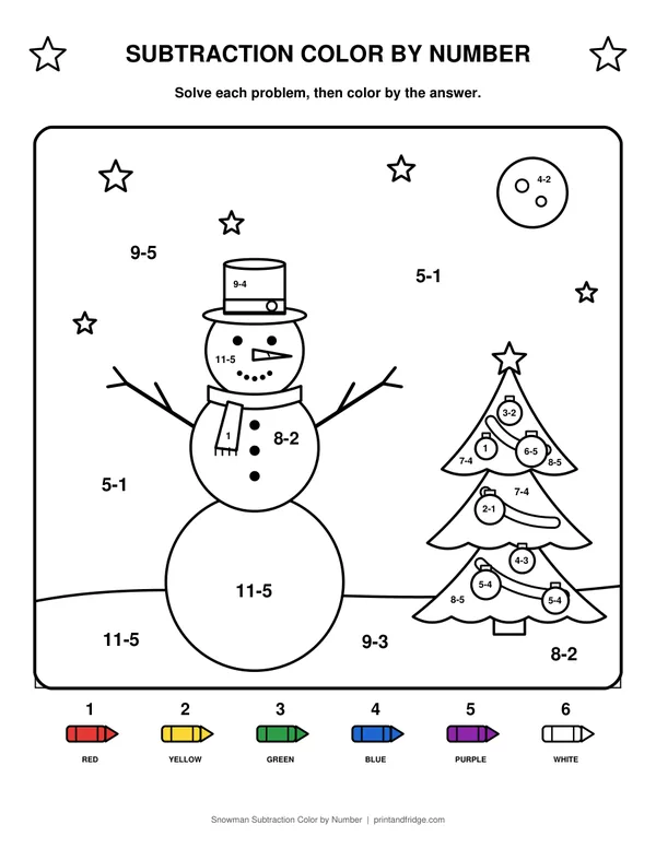 Snowman Subtraction Color by Number printable coloring page