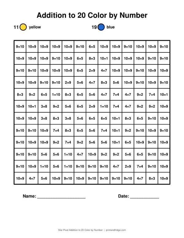 Star Pixel Addition to 20 Color by Number printable coloring page