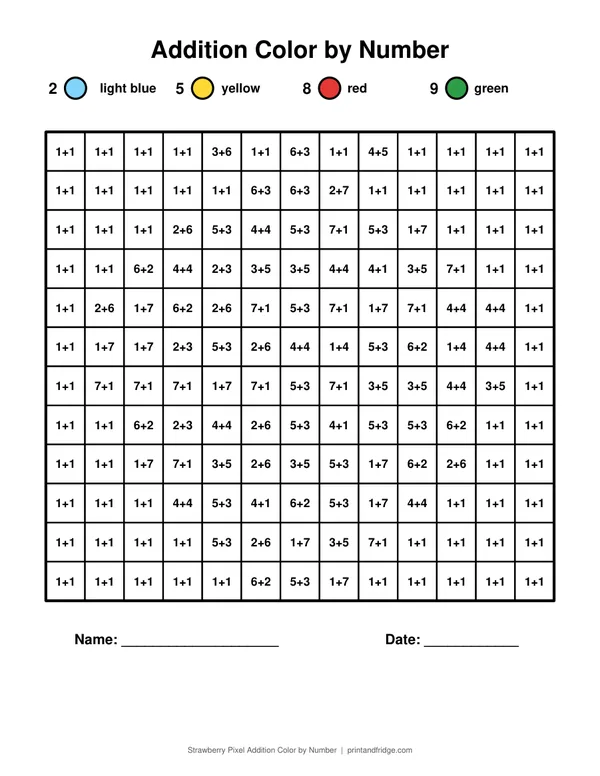 Strawberry Pixel Addition Color by Number printable coloring page