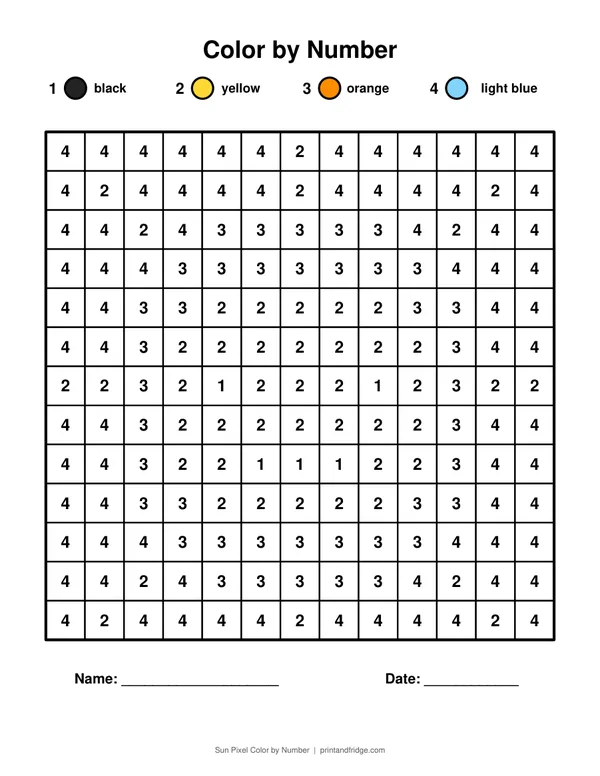 Sun Pixel Color by Number printable coloring page