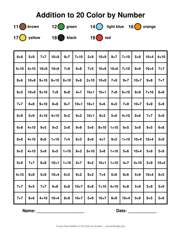Turkey Pixel Addition to 20 Color by Number printable coloring page