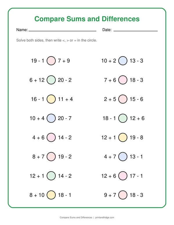 Compare Sums and Differences printable worksheet