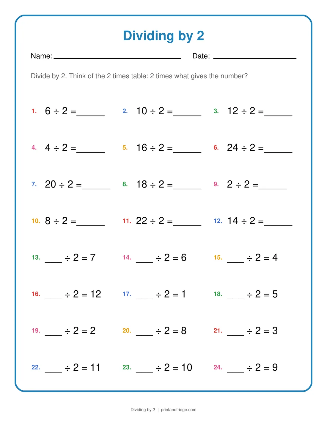 Dividing by 2 printable worksheet