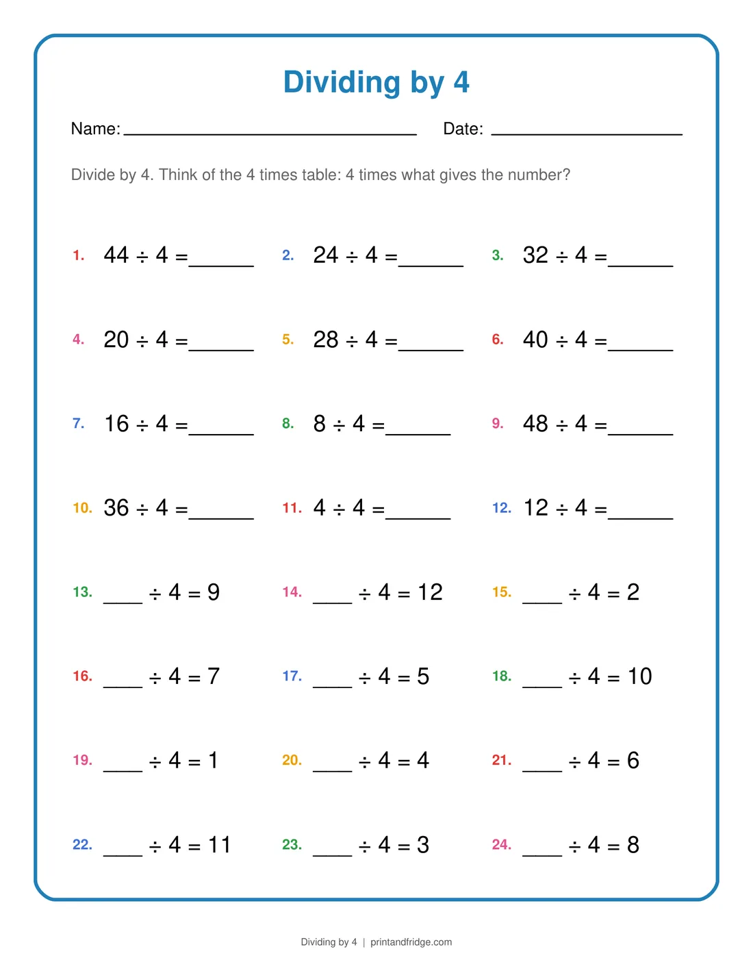 Dividing by 4 printable worksheet