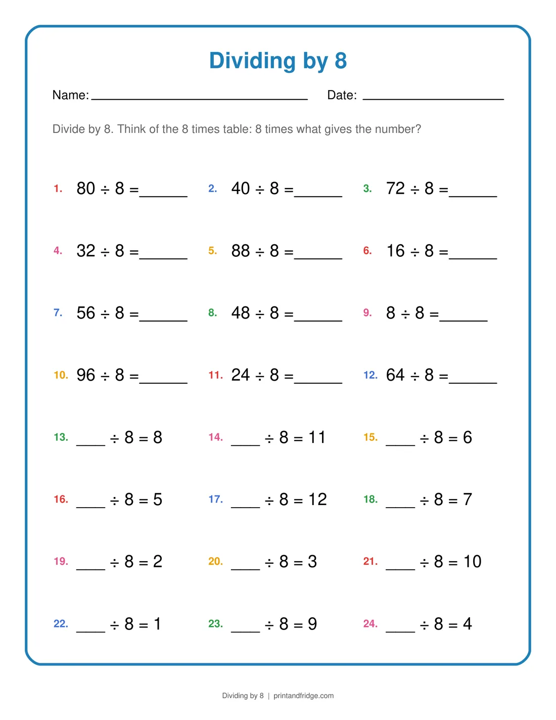 Dividing by 8 printable worksheet