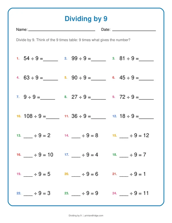 Dividing by 9 printable worksheet