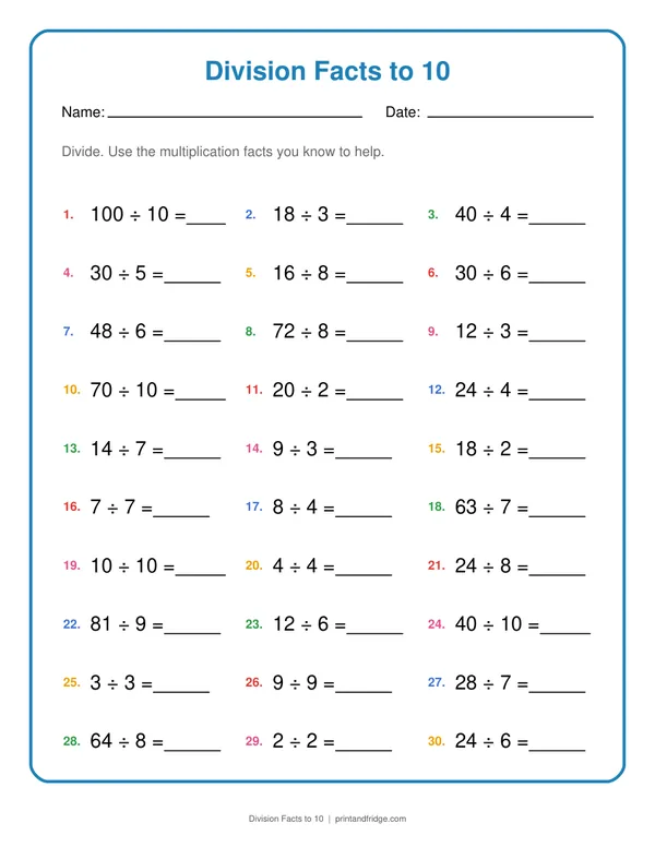 Division Facts to 10 printable worksheet