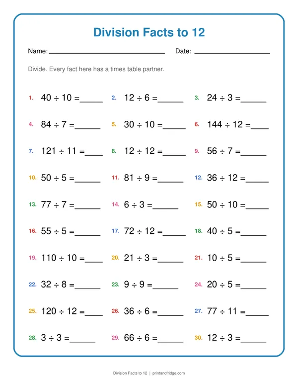 Division Facts to 12 printable worksheet