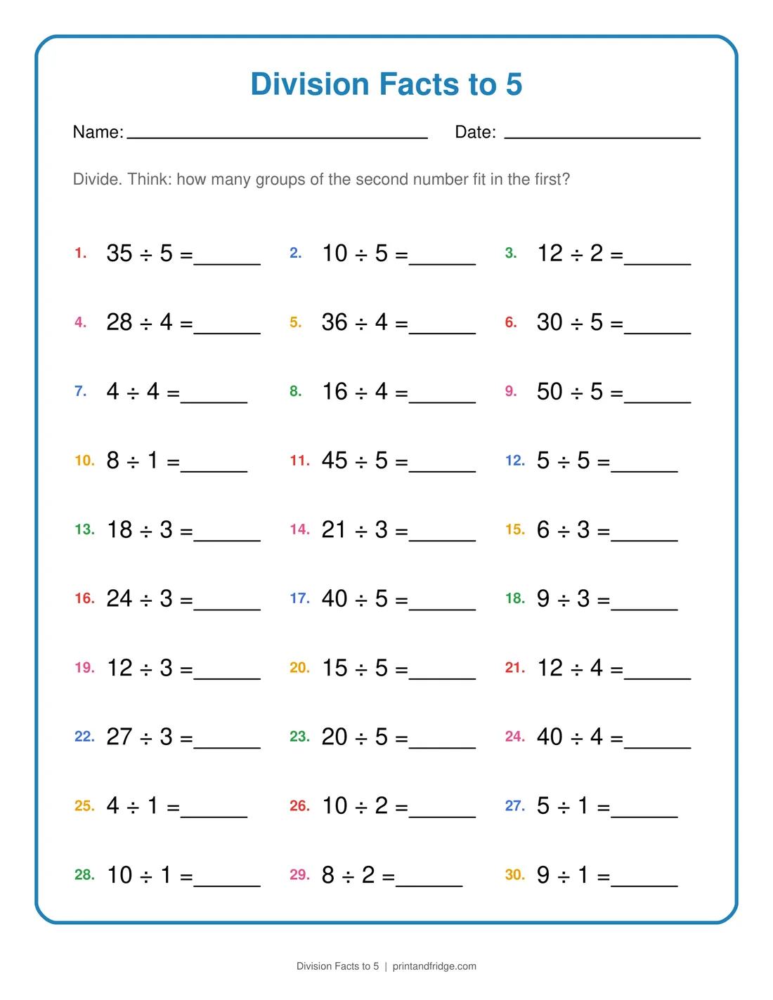 Division Facts to 5 printable worksheet