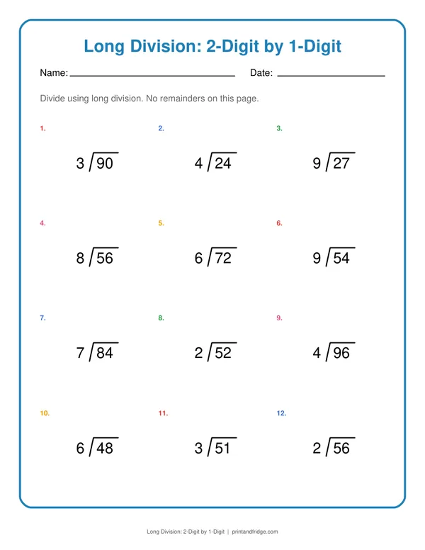 Long Division: 2-Digit by 1-Digit printable worksheet