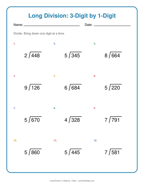 Long Division: 3-Digit by 1-Digit printable worksheet