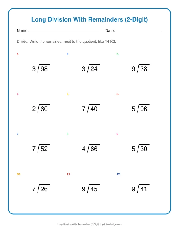 Long Division With Remainders (2-Digit) printable worksheet