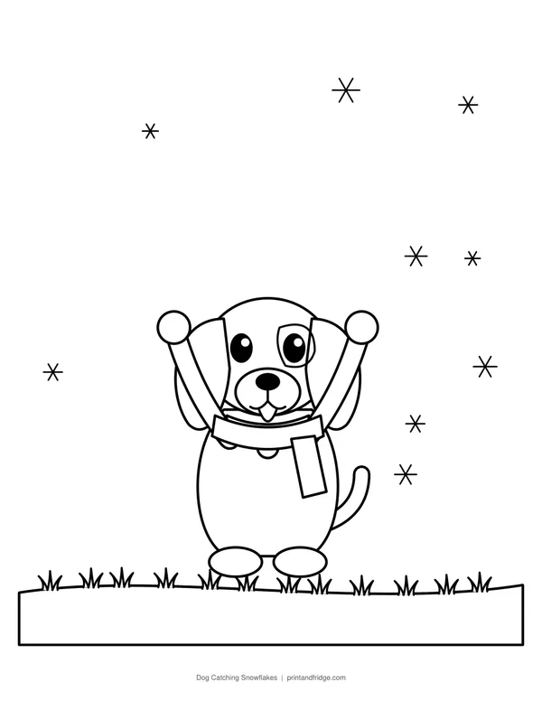 Dog Catching Snowflakes printable coloring page