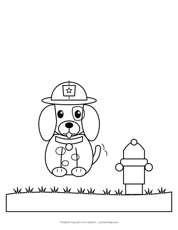 Firefighter Dog with a Fire Hydrant printable coloring page