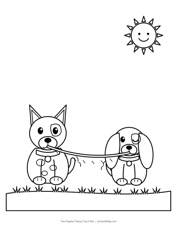 Two Puppies Playing Tug of War printable coloring page