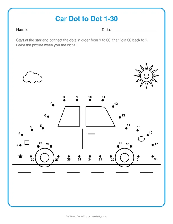 Car Dot to Dot 1-30 printable dot-to-dot