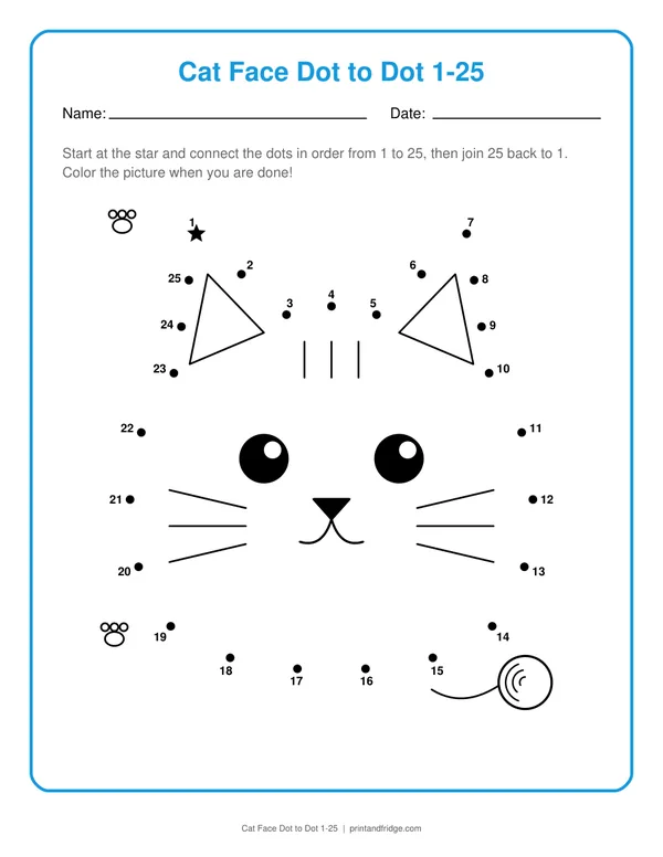 Cat Face Dot to Dot 1-25 printable dot-to-dot