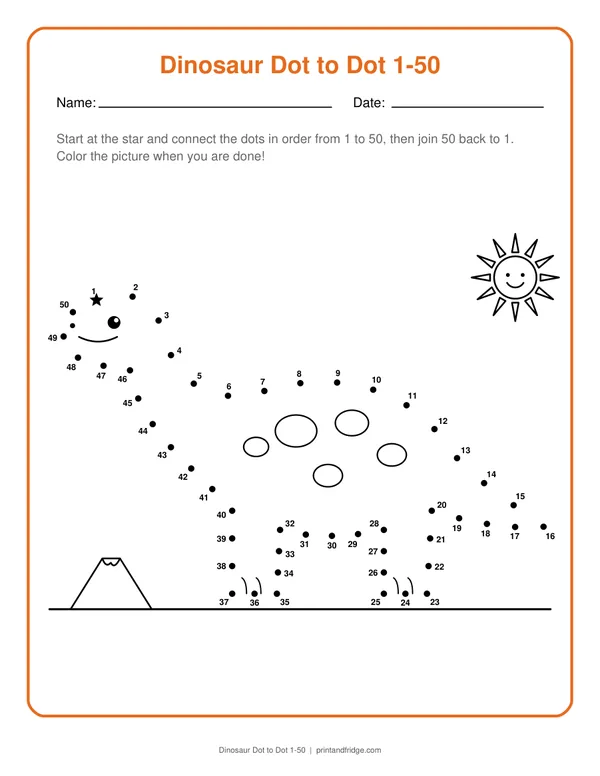 Dinosaur Dot to Dot 1-50 printable dot-to-dot
