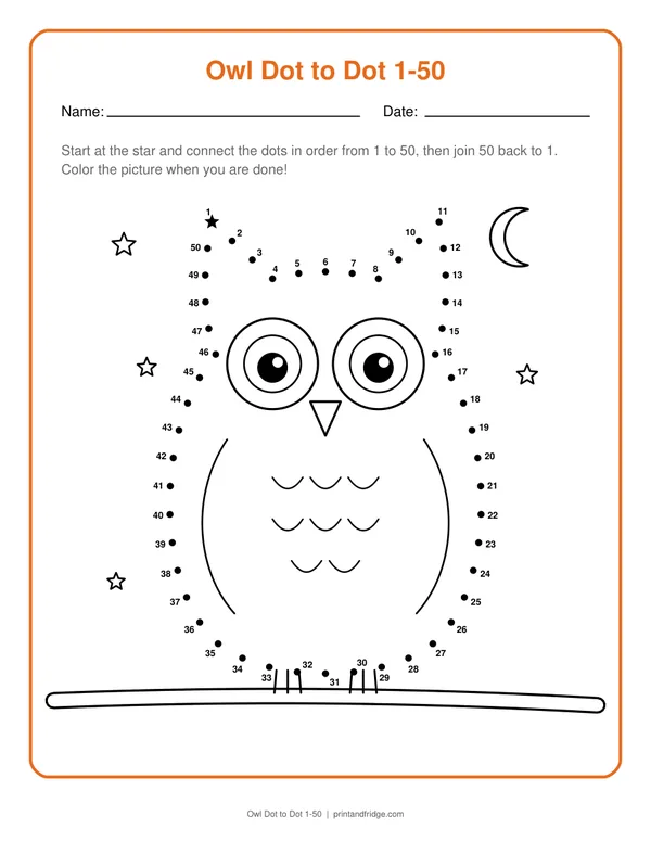 Owl Dot to Dot 1-50 printable dot-to-dot