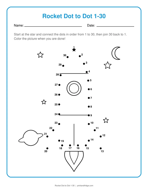 Rocket Dot to Dot 1-30 printable dot-to-dot