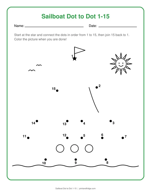Sailboat Dot to Dot 1-15 printable dot-to-dot