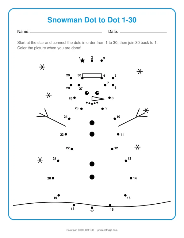 Snowman Dot to Dot 1-30 printable dot-to-dot