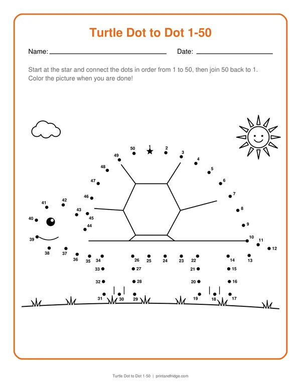 Turtle Dot to Dot 1-50 printable dot-to-dot