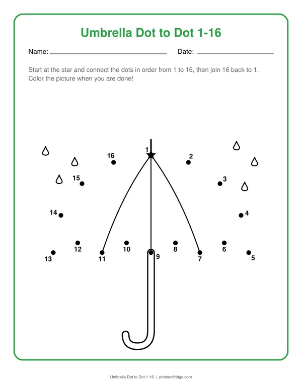 Umbrella Dot to Dot 1-16 printable dot-to-dot