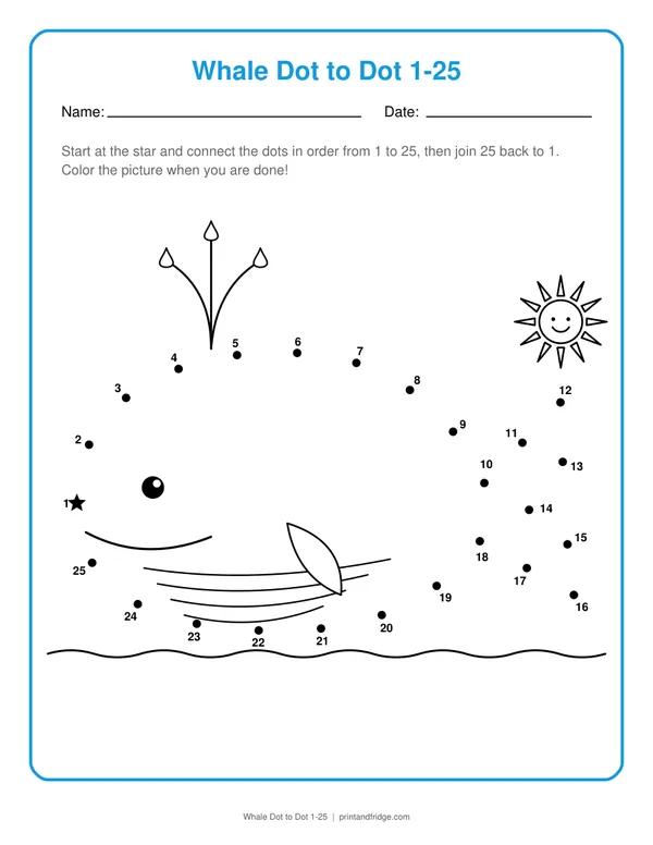 Whale Dot to Dot 1-25 printable dot-to-dot