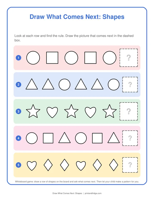 Draw What Comes Next: Shapes printable game