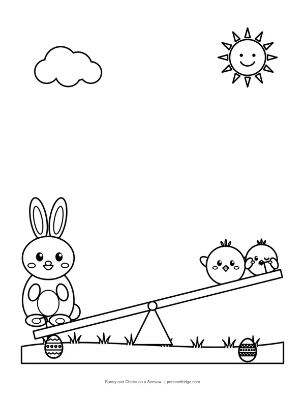 Bunny and Chicks on a Seesaw printable coloring page