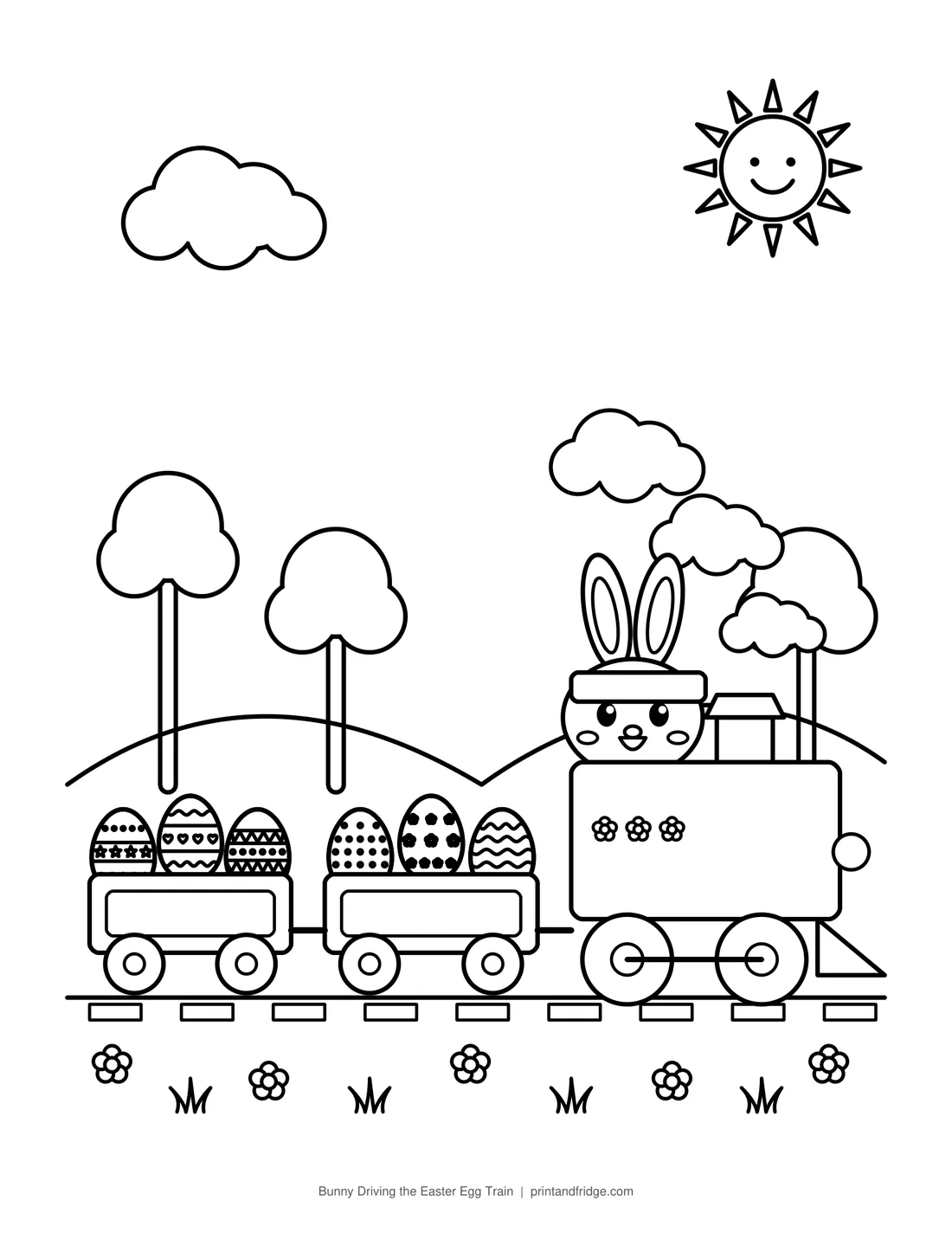 Bunny Driving the Easter Egg Train printable coloring page