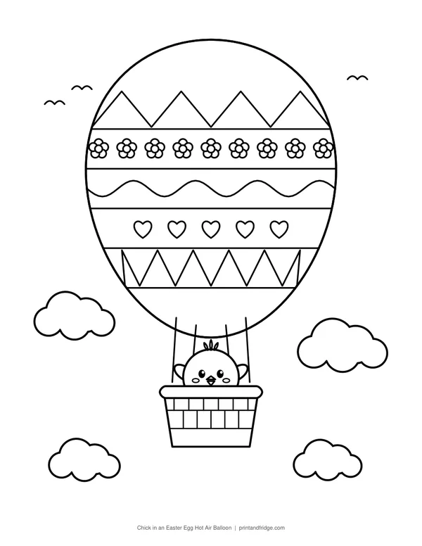 Chick in an Easter Egg Hot Air Balloon printable coloring page
